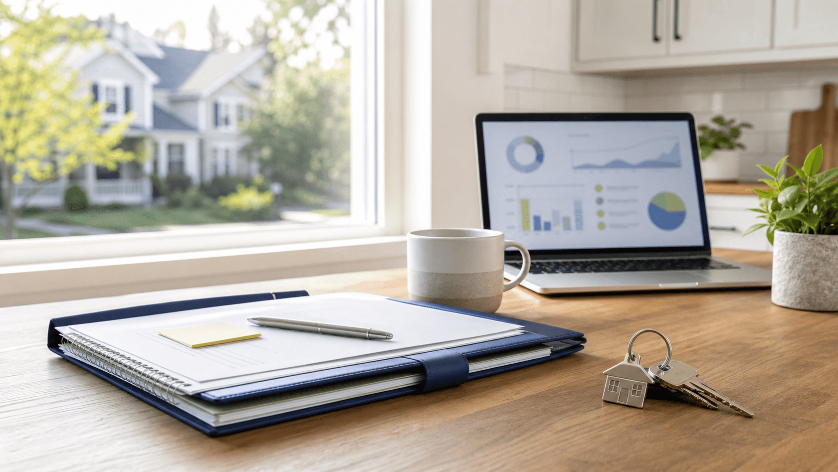 Homeownership planning documents, laptop, and house keys on a kitchen table